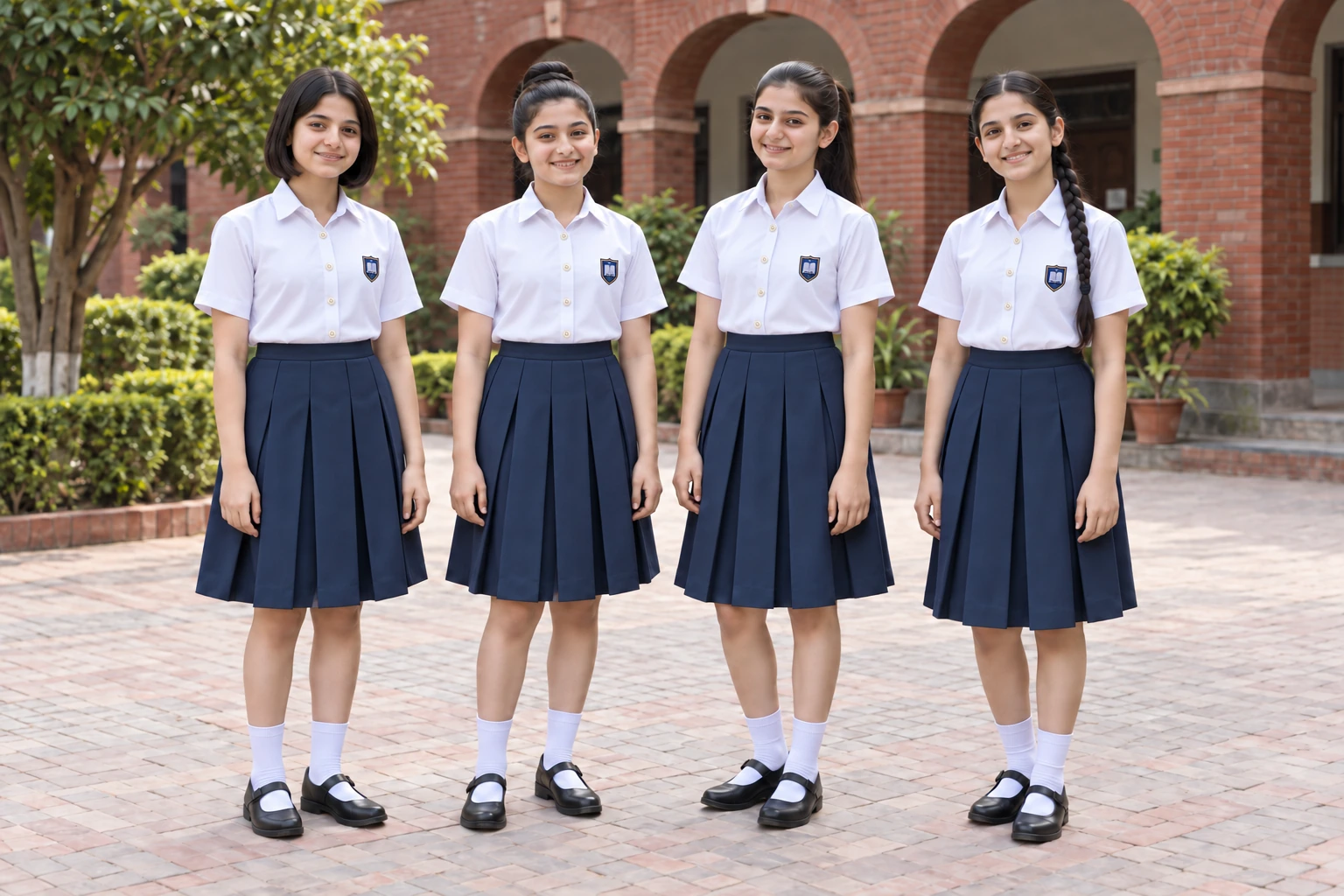 School Skirts — Navy box pleat; four girls. full-length front group location photograph. Illustrative catalogue concept.