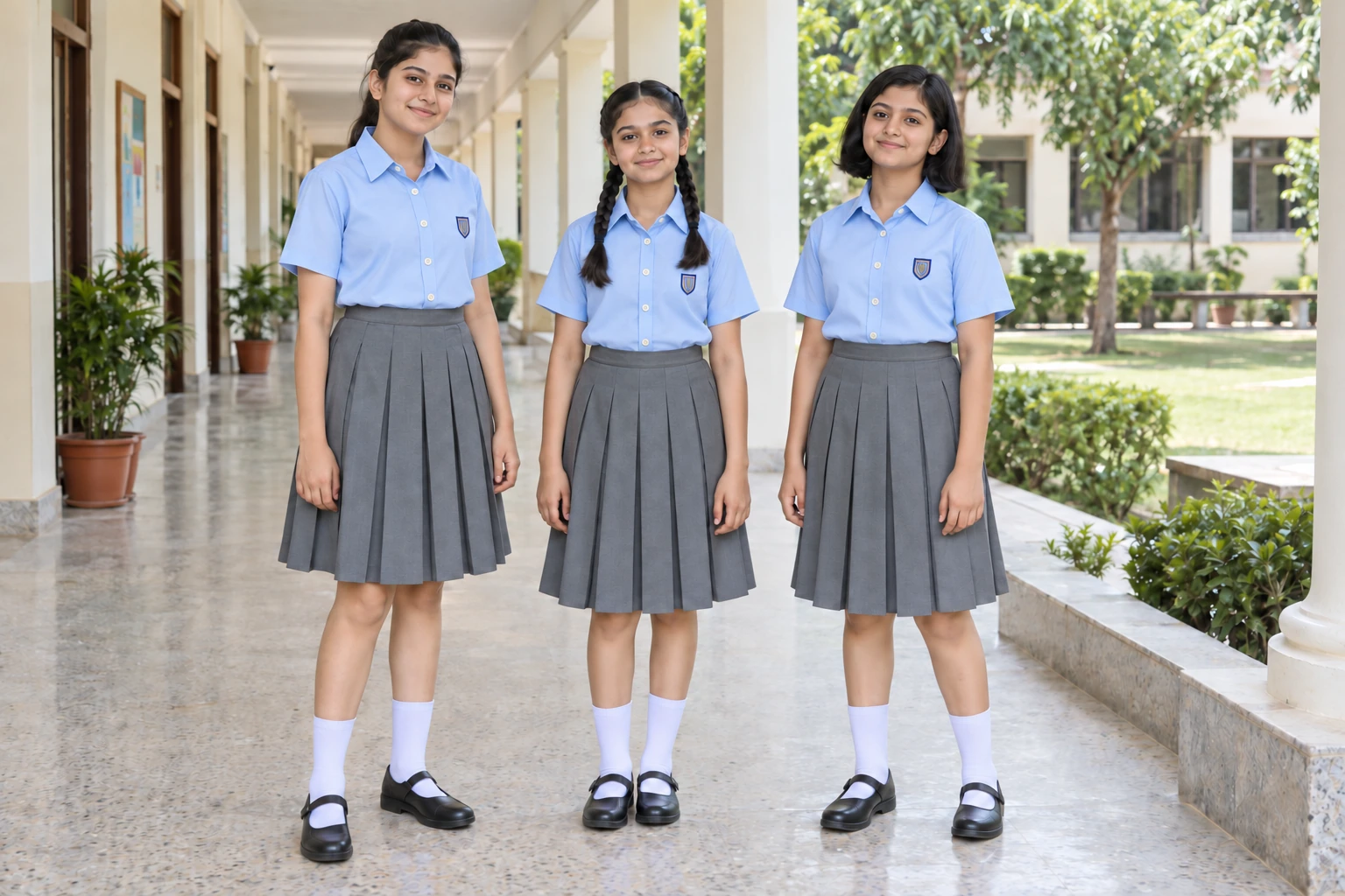 School Skirts — Grey knife pleat; three girls. full-length front three-quarter group location photograph. Illustrative catalogue concept.