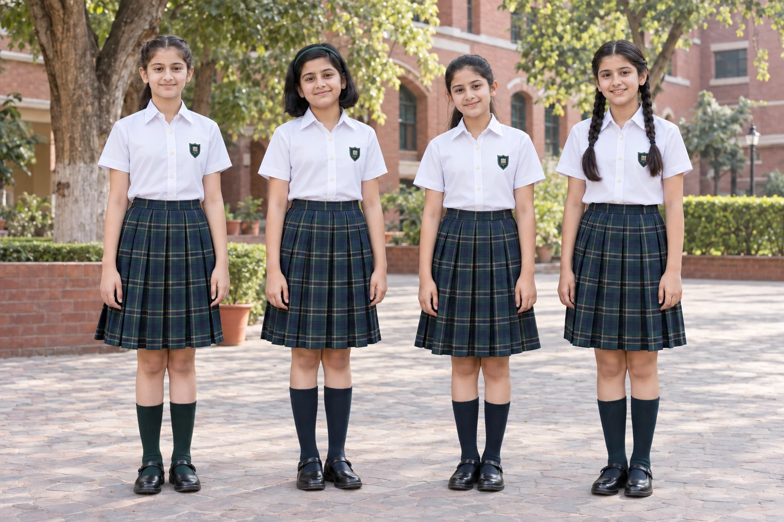 School Skirts — Green tartan; four girls. full-length front group location photograph. Illustrative catalogue concept.