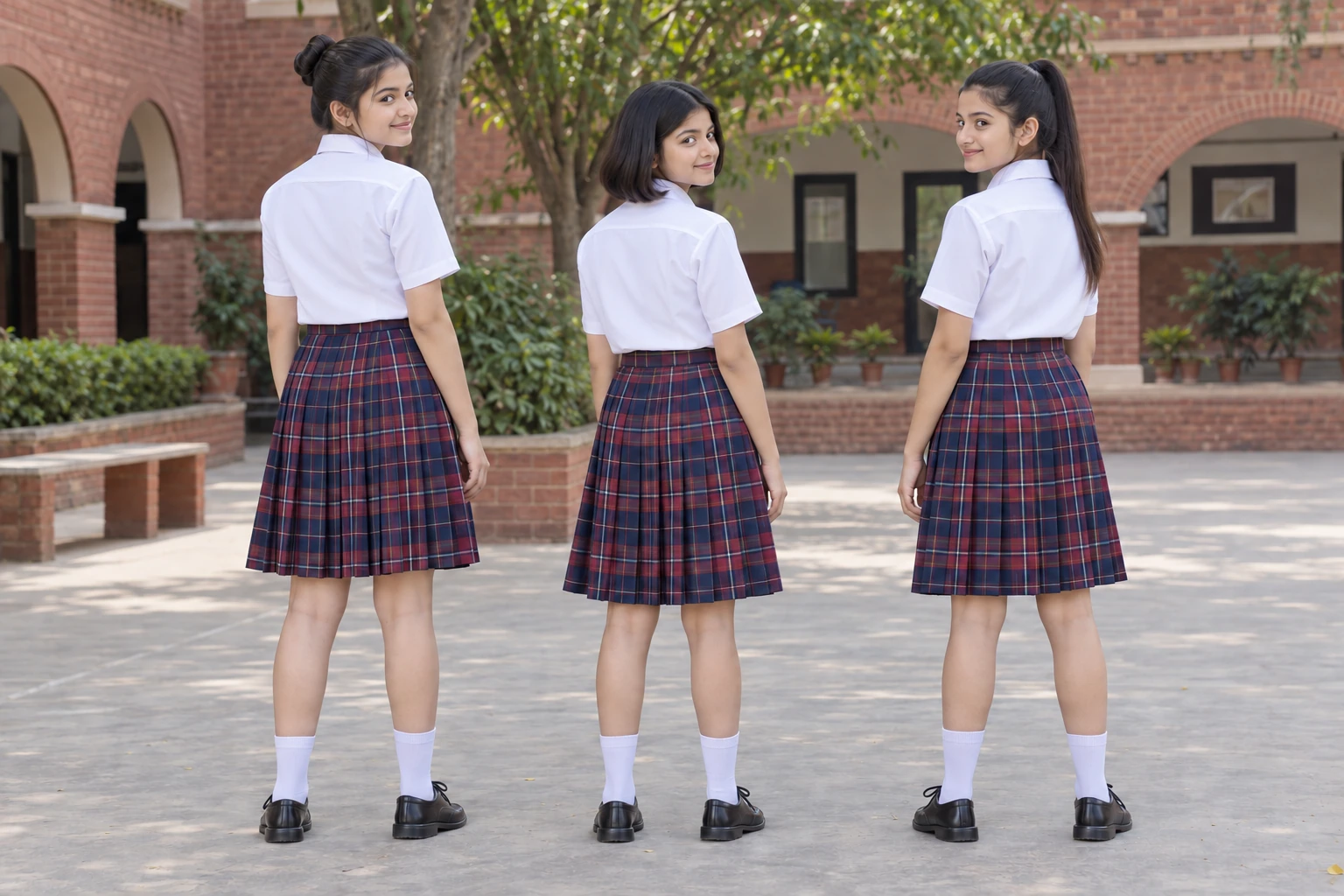 School Skirts — Burgundy tartan; three girls. full-length rear three-quarter group location photograph. Illustrative catalogue concept.