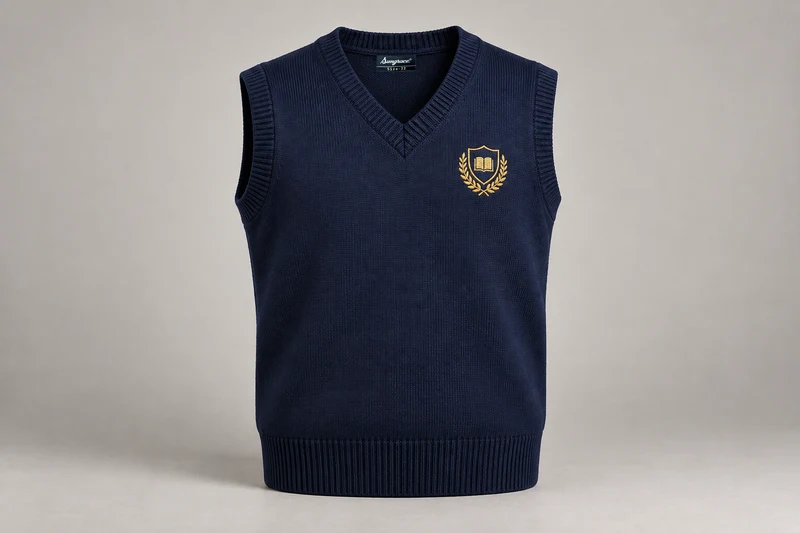 Sleeveless School Sweaters — Navy V-neck. product. Illustrative catalogue concept.