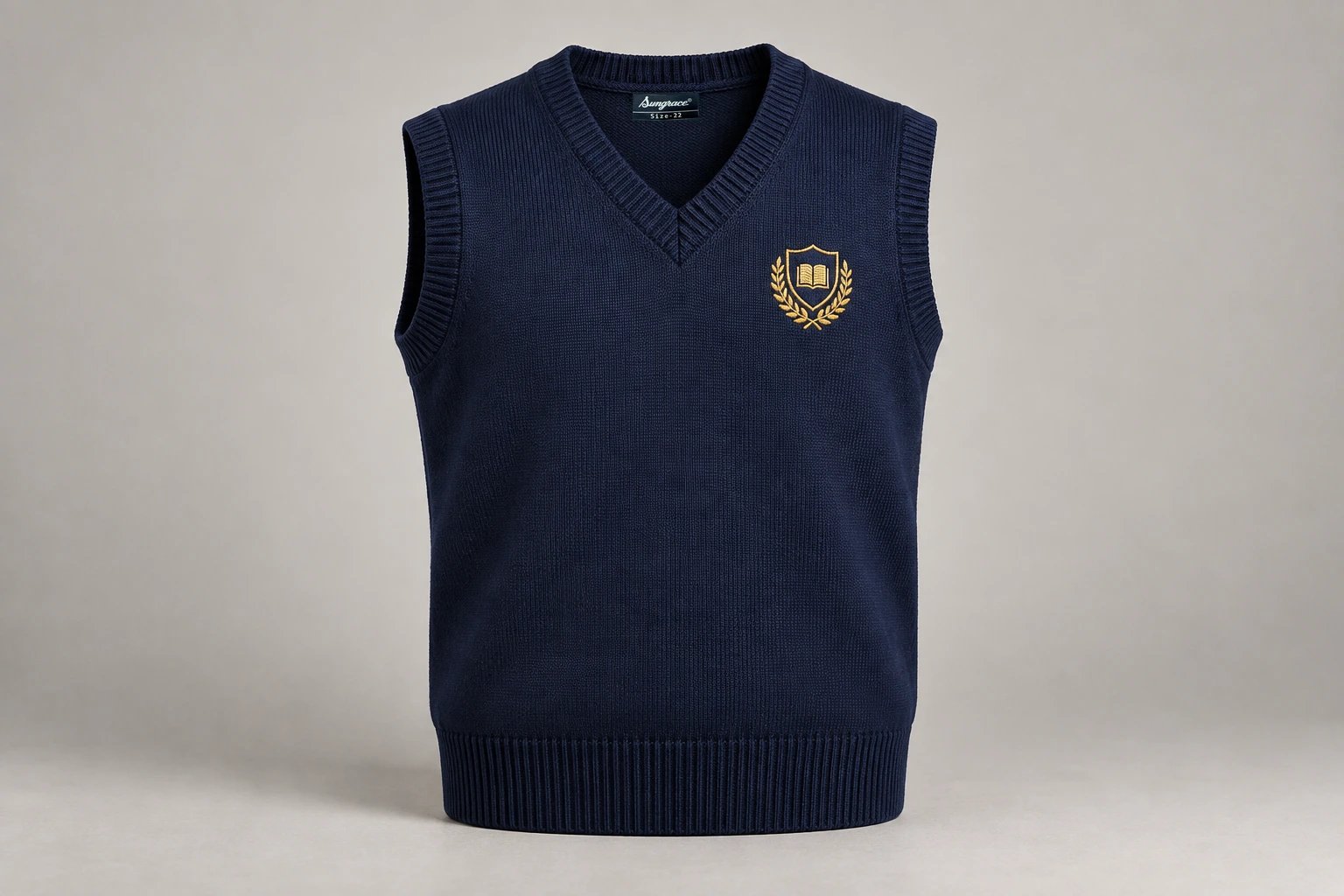 Sleeveless School Sweaters — Navy V-neck. product. Illustrative catalogue concept.