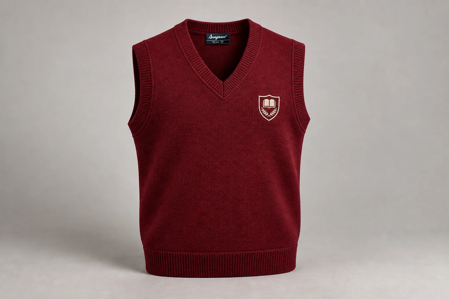Sleeveless School Sweaters — Burgundy V-neck. product. Illustrative catalogue concept.