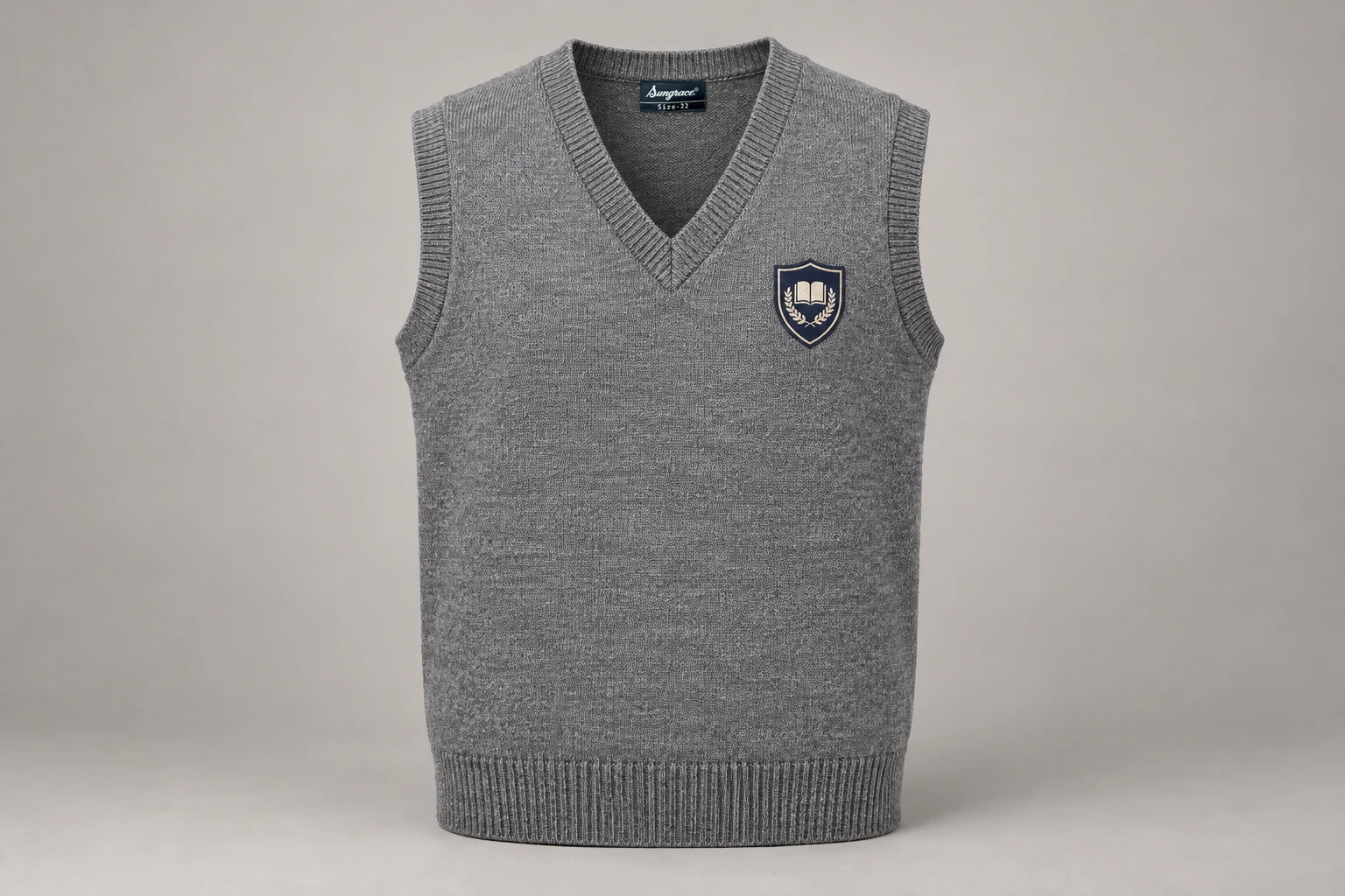 Sleeveless School Sweaters — Grey V-neck. product. Illustrative catalogue concept.