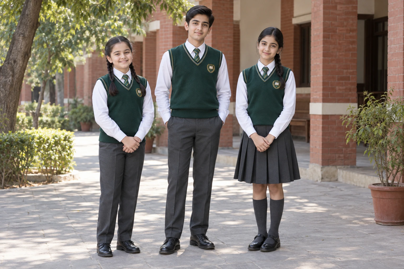 Sleeveless School Sweaters — Bottle-green V-neck coordinated uniform. model. Illustrative catalogue concept.