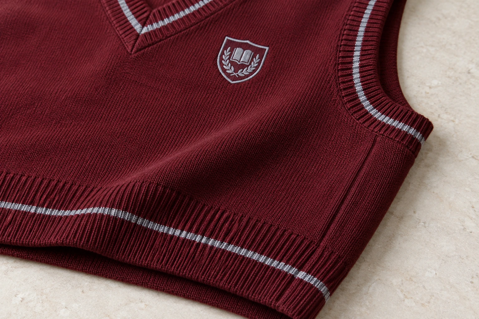 Sleeveless School Sweaters — Burgundy with fine silver-grey rib stripe. detail. Illustrative catalogue concept.