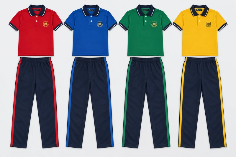 Summer School Tracksuits — Solid house-colour polo, navy collar and cuffs with fine white tipping. Navy straight trousers with one broad house-colour outer-leg stripe. Four house-colour options shown: Scarlet red, Royal blue, Emerald green, Golden yellow. Custom shades confirmed at sampling.. product front overhead four house-colour sets. Illustrative catalogue concept.