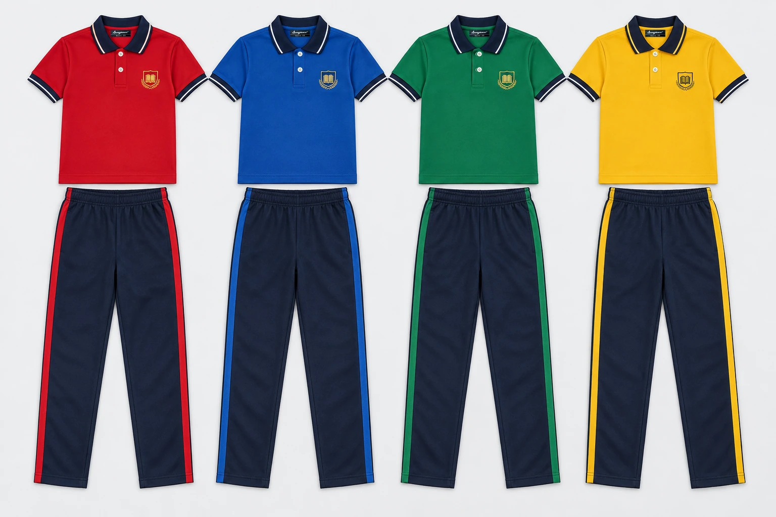 Summer School Tracksuits — Solid house-colour polo, navy collar and cuffs with fine white tipping. Navy straight trousers with one broad house-colour outer-leg stripe. Four house-colour options shown: Scarlet red, Royal blue, Emerald green, Golden yellow. Custom shades confirmed at sampling.. product front overhead four house-colour sets. Illustrative catalogue concept.