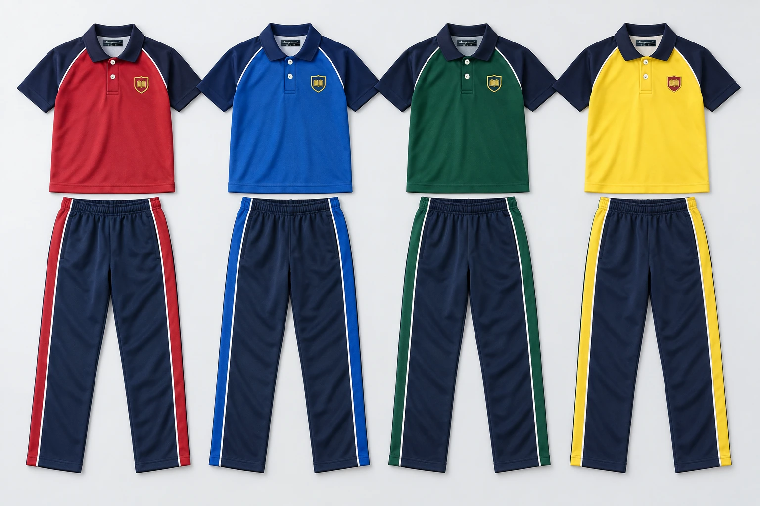 Summer School Tracksuits — House-colour polo torso with navy raglan sleeves and navy collar. Slim white piping follows the raglan seams. Navy trousers with a wide house-colour stripe bordered by white piping. Four house-colour options shown: Crimson red, Cobalt blue, Bottle green, Lemon yellow. Custom shades confirmed at sampling.. product front overhead four house-colour sets. Illustrative catalogue concept.