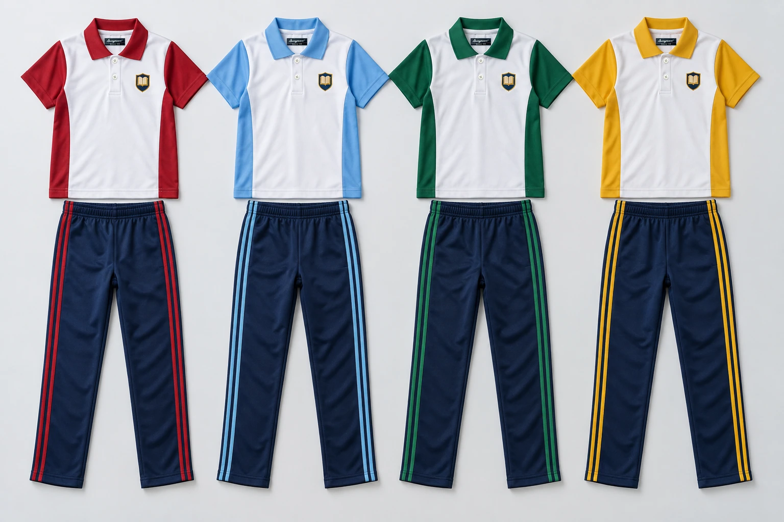 Summer School Tracksuits — White polo main torso with house-colour short sleeves and broad house-colour side panels, matching house-colour collar. Navy trousers have matching twin slim house-colour stripes down outer legs. Four house-colour options shown: Ruby red, Sky blue, Forest green, Mustard gold. Custom shades confirmed at sampling.. product front overhead four house-colour sets. Illustrative catalogue concept.