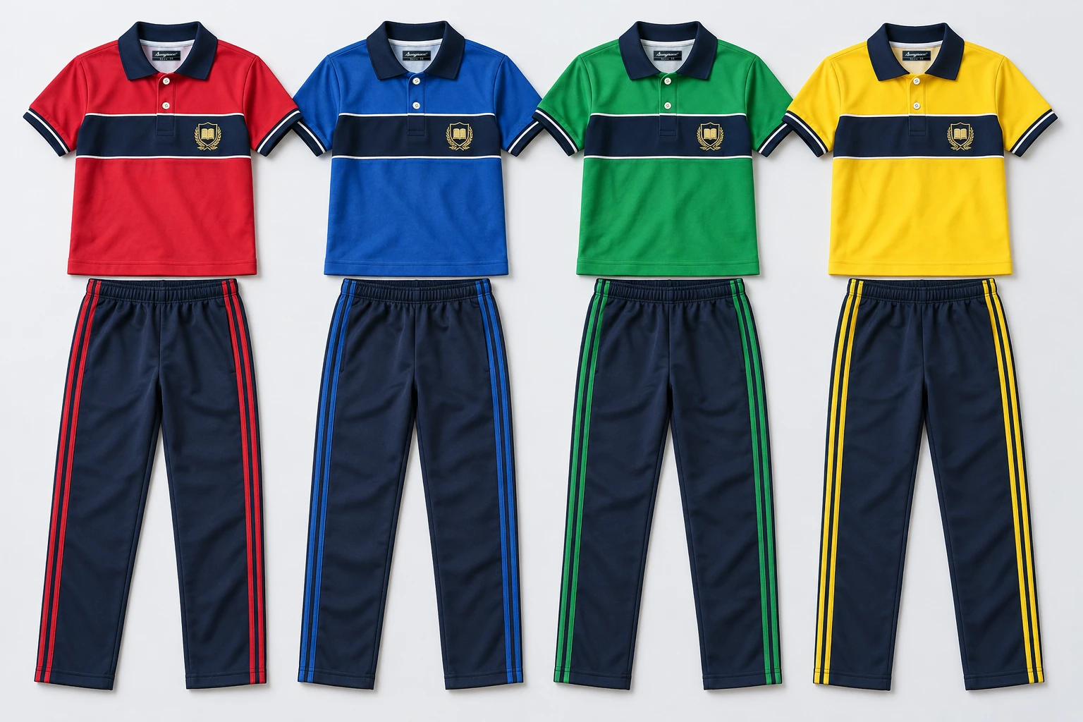 Summer School Tracksuits — House-colour polo with a broad navy horizontal chest band edged in slim white piping and navy collar. Tiny sample crest stays clearly on chestband. Navy lowers with double parallel house-colour side stripes separated by navy. Four house-colour options shown: Scarlet red, Cobalt blue, Kelly green, Sunflower yellow. Custom shades confirmed at sampling.. product front overhead four house-colour sets. Illustrative catalogue concept.