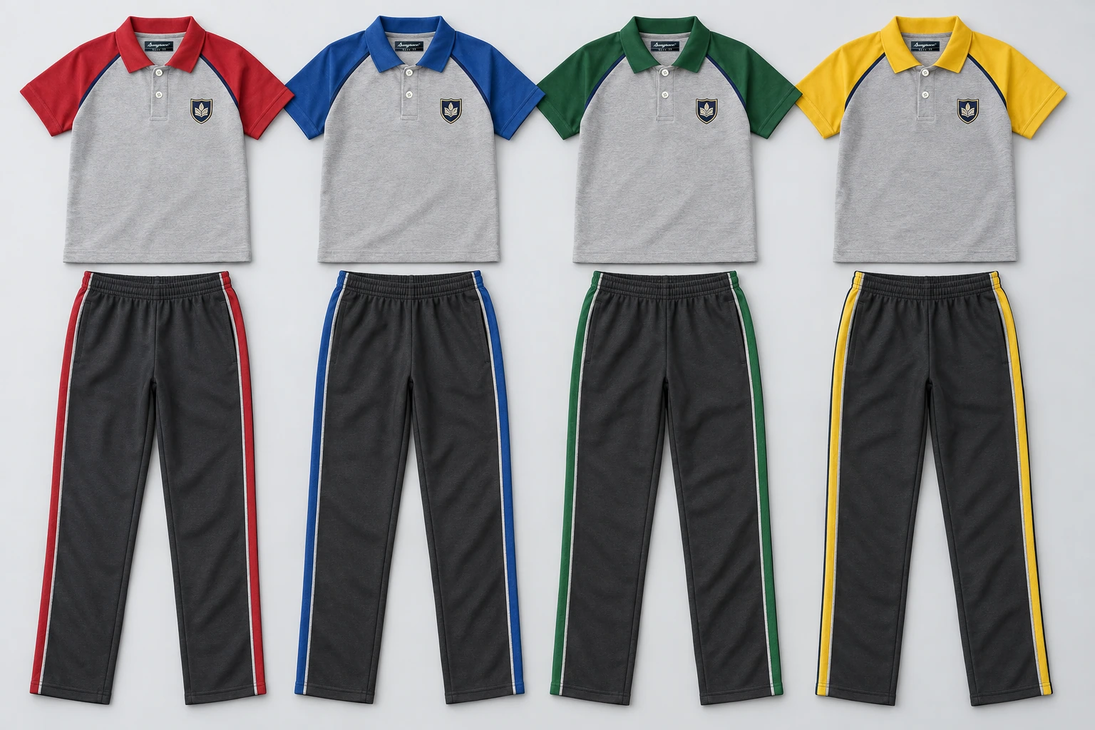 Summer School Tracksuits — Light grey marl polo torso with house-colour raglan short sleeves and matching collar. Navy narrow raglan piping. Dark charcoal trousers with house-colour single side stripe and fine pale-grey edge. Four house-colour options shown: Ruby red, Cobalt blue, Forest green, Lemon yellow. Custom shades confirmed at sampling.. product front overhead four house-colour sets. Illustrative catalogue concept.