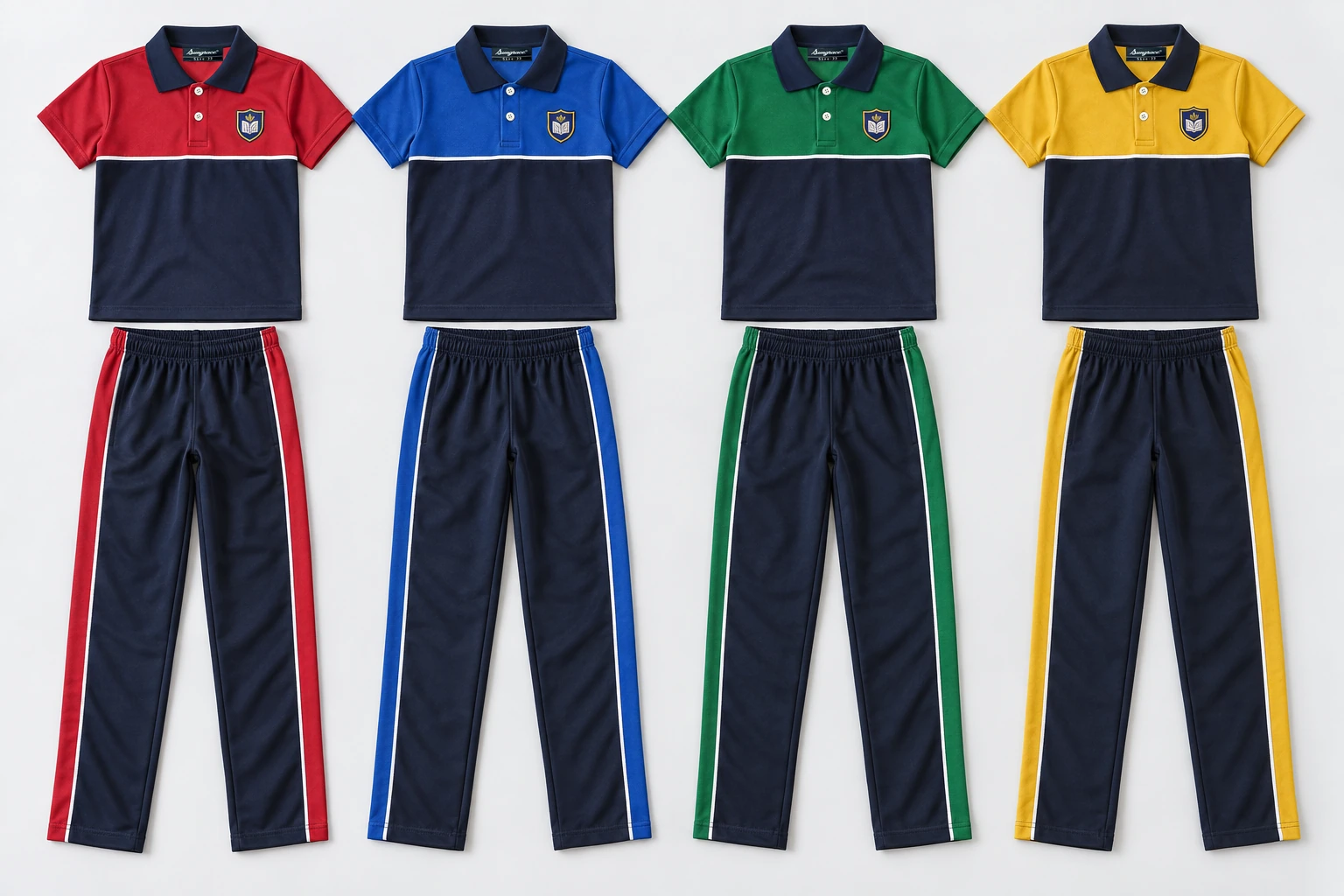 Summer School Tracksuits — House-colour upper polo body and short sleeves with navy lower body block, white narrow horizontal seam piping, navy collar. Navy trousers with matching house-colour rectangular side panels from waist through ankle, two neat white edges. Four house-colour options shown: Scarlet red, Royal blue, Kelly green, Mustard gold. Custom shades confirmed at sampling.. product front overhead four house-colour sets. Illustrative catalogue concept.