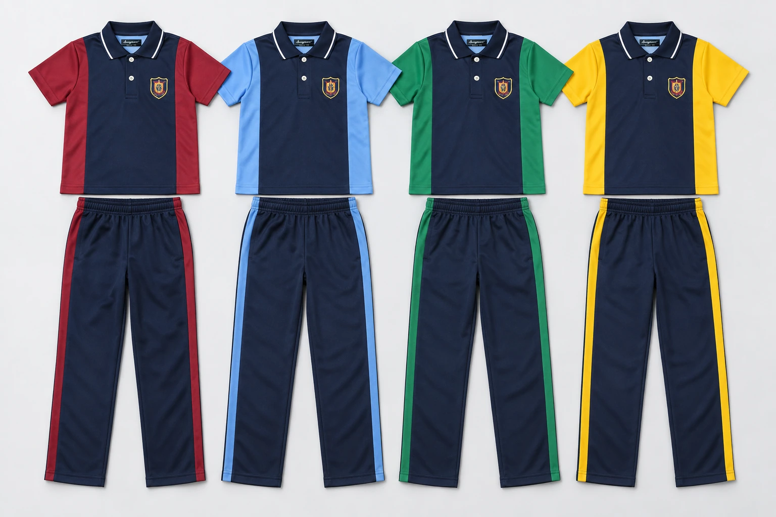 Summer School Tracksuits — Navy central polo torso with broad house-colour vertical side panels, house-colour sleeves and navy collar tipped white. Navy trousers with a broad house-colour stripe on both outside leg seams. Four house-colour options shown: Burgundy red, Sky blue, Emerald green, Sunflower yellow. Custom shades confirmed at sampling.. product front overhead four house-colour sets. Illustrative catalogue concept.