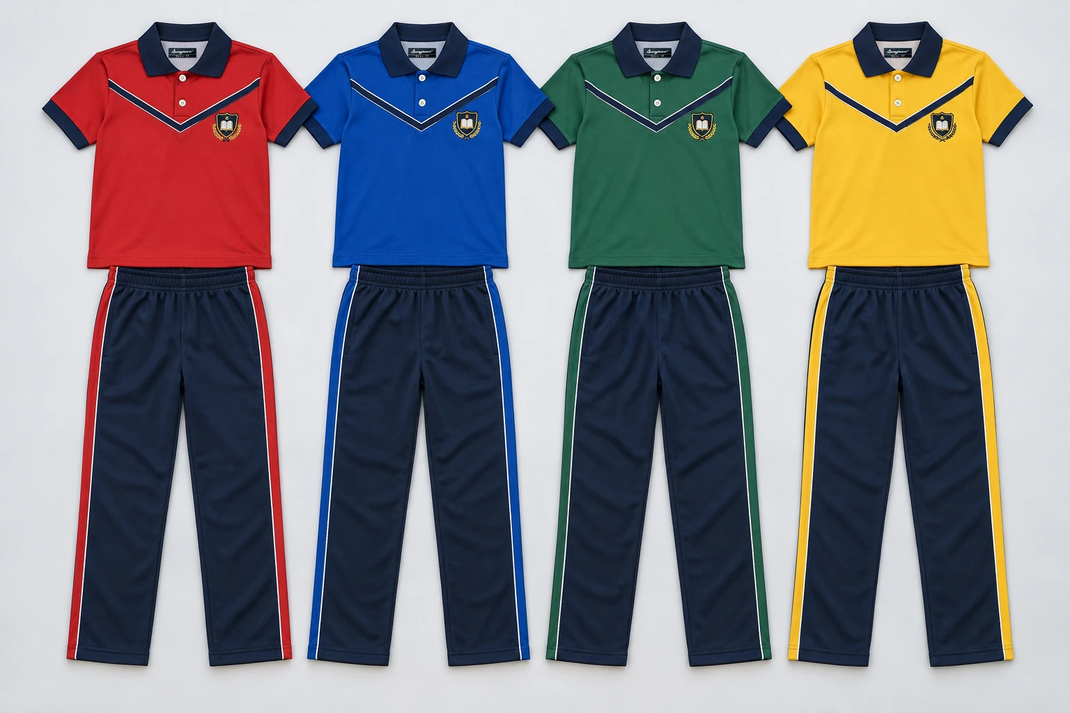 Summer School Tracksuits — House-colour polo body with restrained navy V-shaped chest piping below shoulders, navy short-sleeve cuffs and collar. Navy trousers with house-colour slim outer stripe that widens subtly over hip, fine white companion piping. Four house-colour options shown: Crimson red, Royal blue, Forest green, Golden yellow. Custom shades confirmed at sampling.. product front overhead four house-colour sets. Illustrative catalogue concept.
