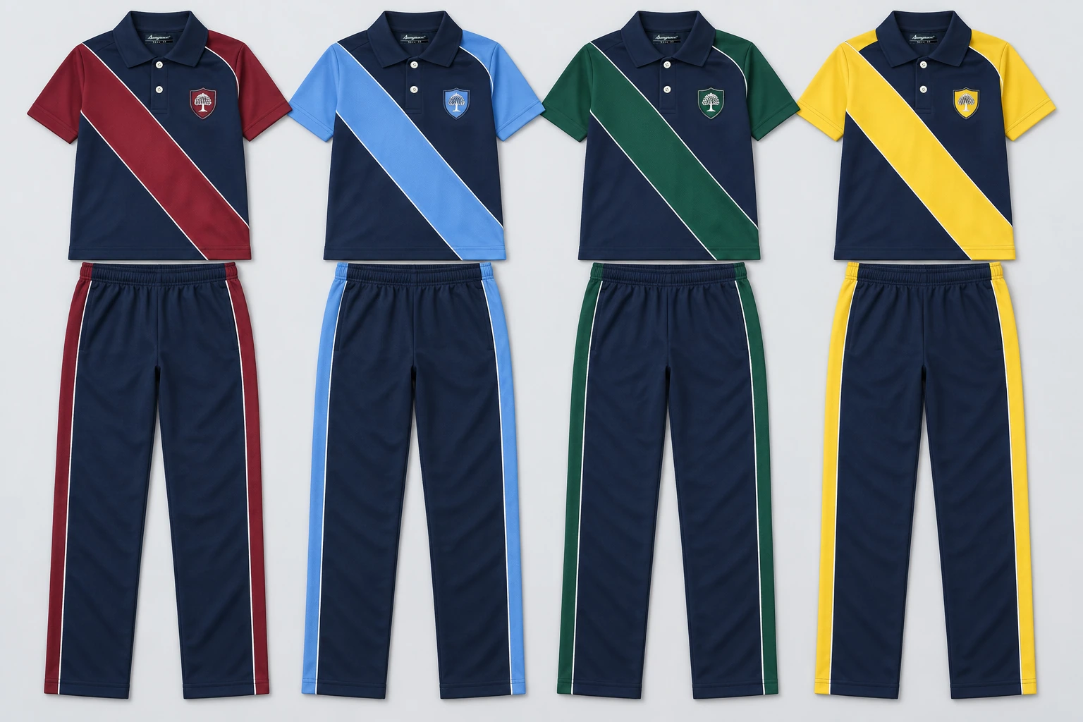 Summer School Tracksuits — Navy polo base with a broad house-colour diagonal shoulder-to-opposite-side front panel, house-colour sleeves and navy collar, restrained white seam piping. Navy track trousers with house-colour side panels bordered by fine white piping. Four house-colour options shown: Burgundy red, Sky blue, Bottle green, Lemon yellow. Custom shades confirmed at sampling.. product front overhead four house-colour sets. Illustrative catalogue concept.