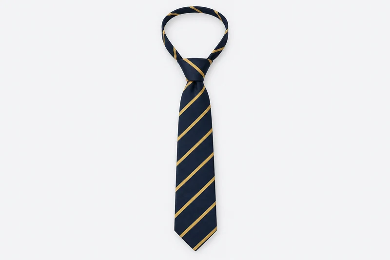 School Ties — navy tie with gold diagonal stripes. product. Illustrative catalogue concept.
