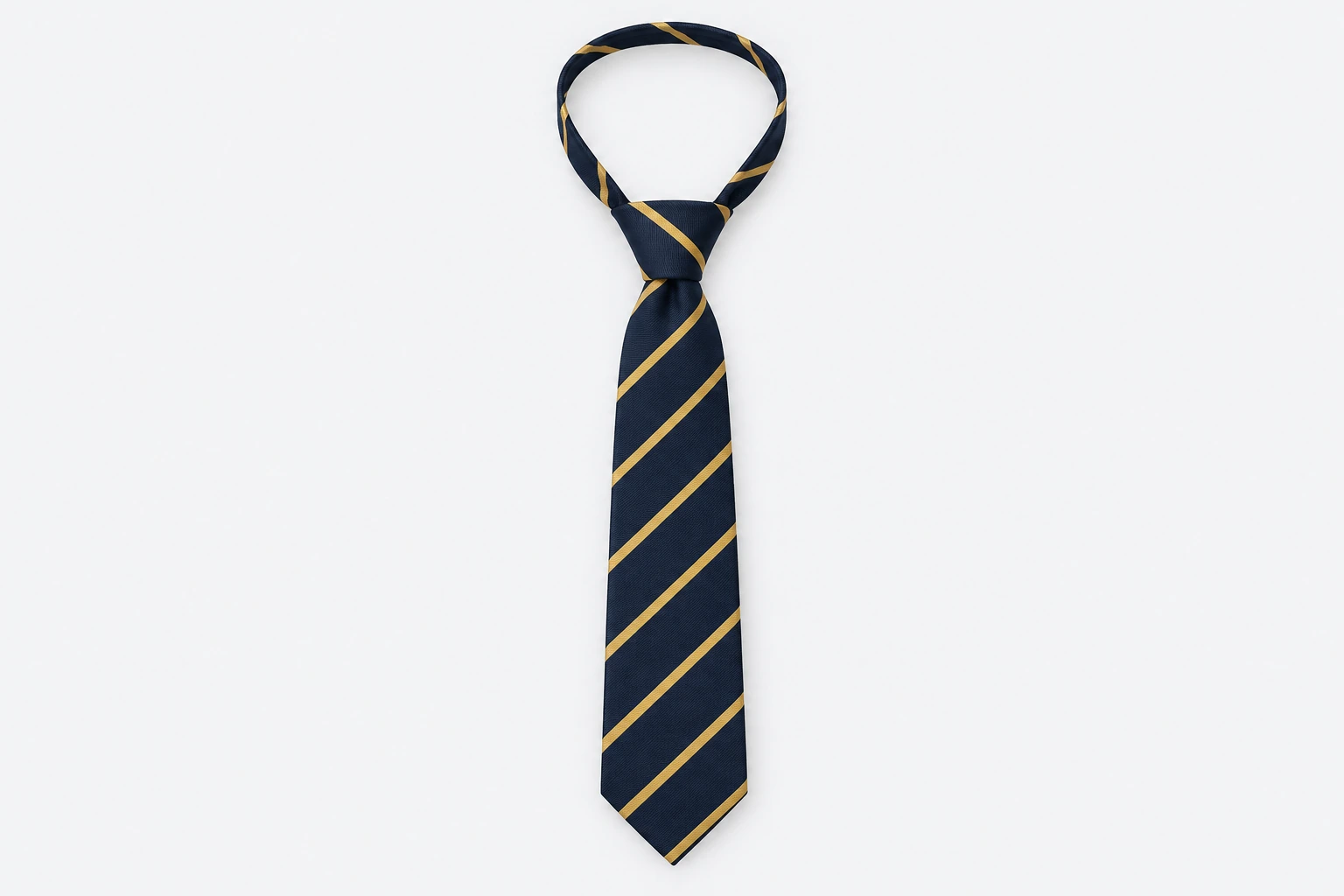 School Ties — navy tie with gold diagonal stripes. product. Illustrative catalogue concept.