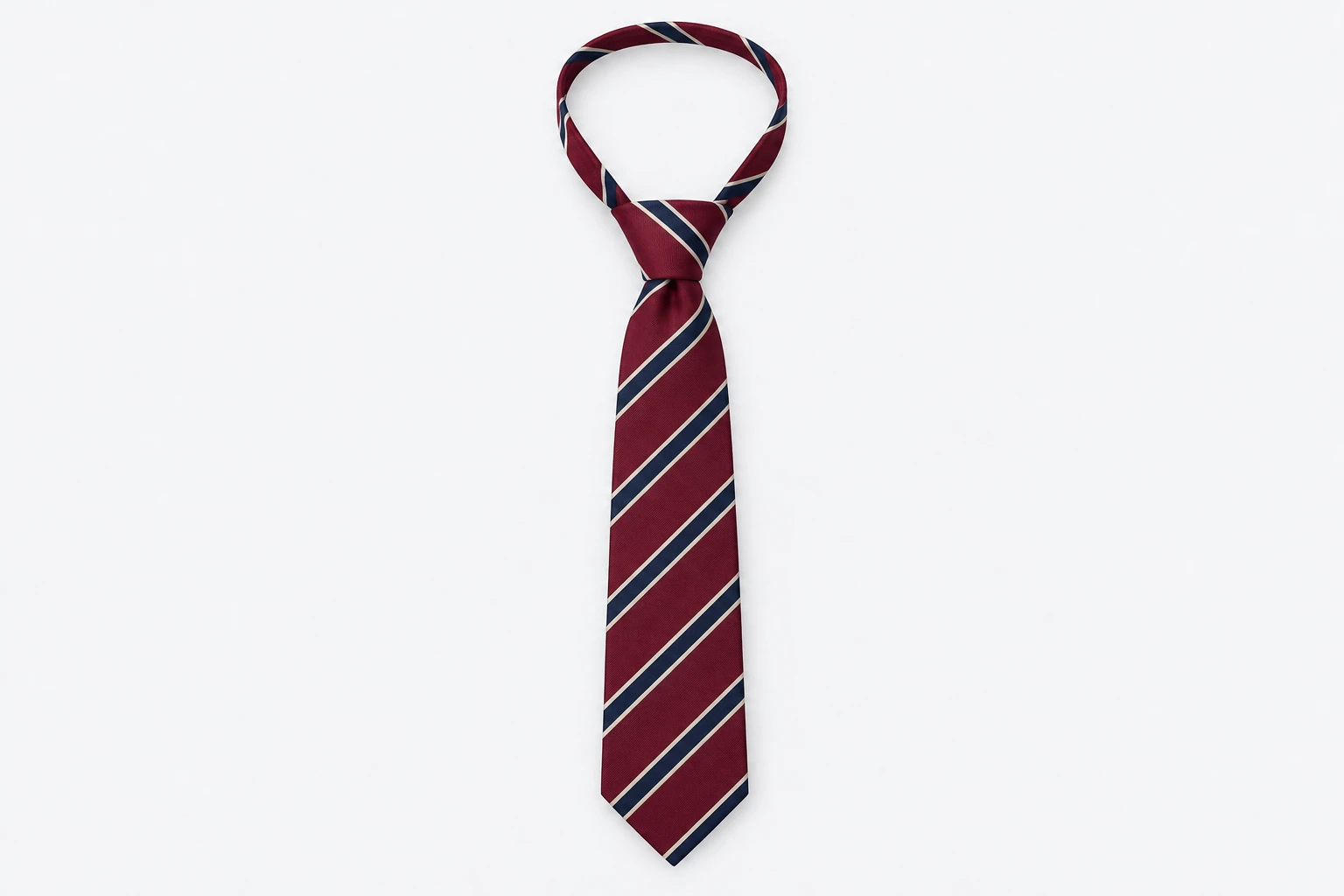 School Ties — burgundy tie with navy diagonal stripes edged in cream. product. Illustrative catalogue concept.