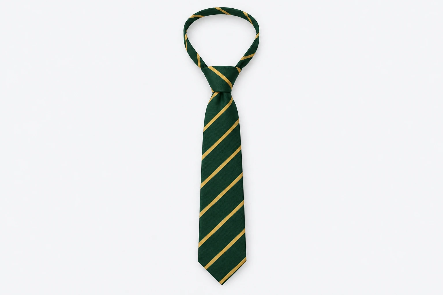 School Ties — bottle green tie with gold diagonal stripes. product. Illustrative catalogue concept.