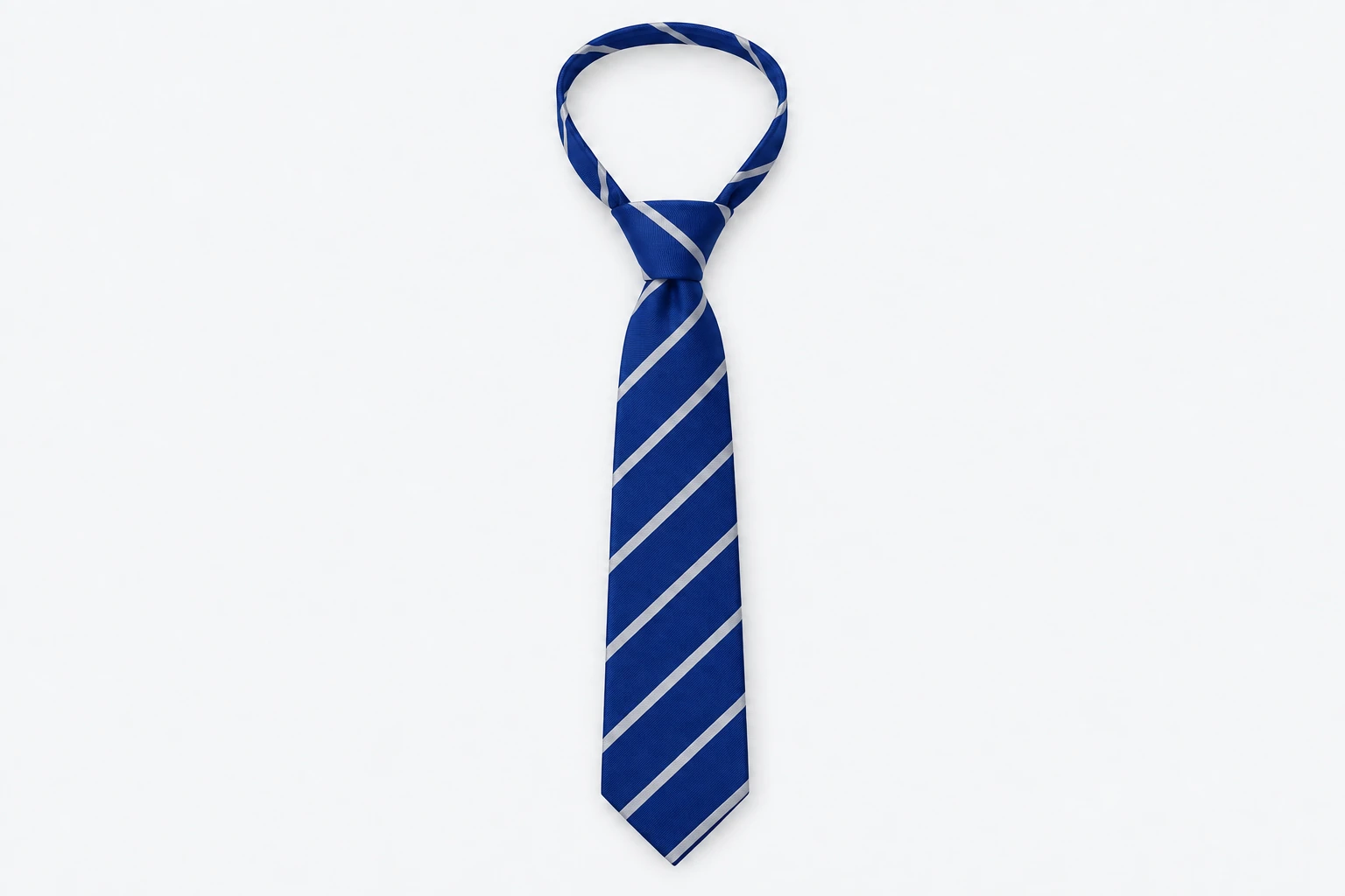 School Ties — royal blue tie with silver diagonal stripes. product. Illustrative catalogue concept.