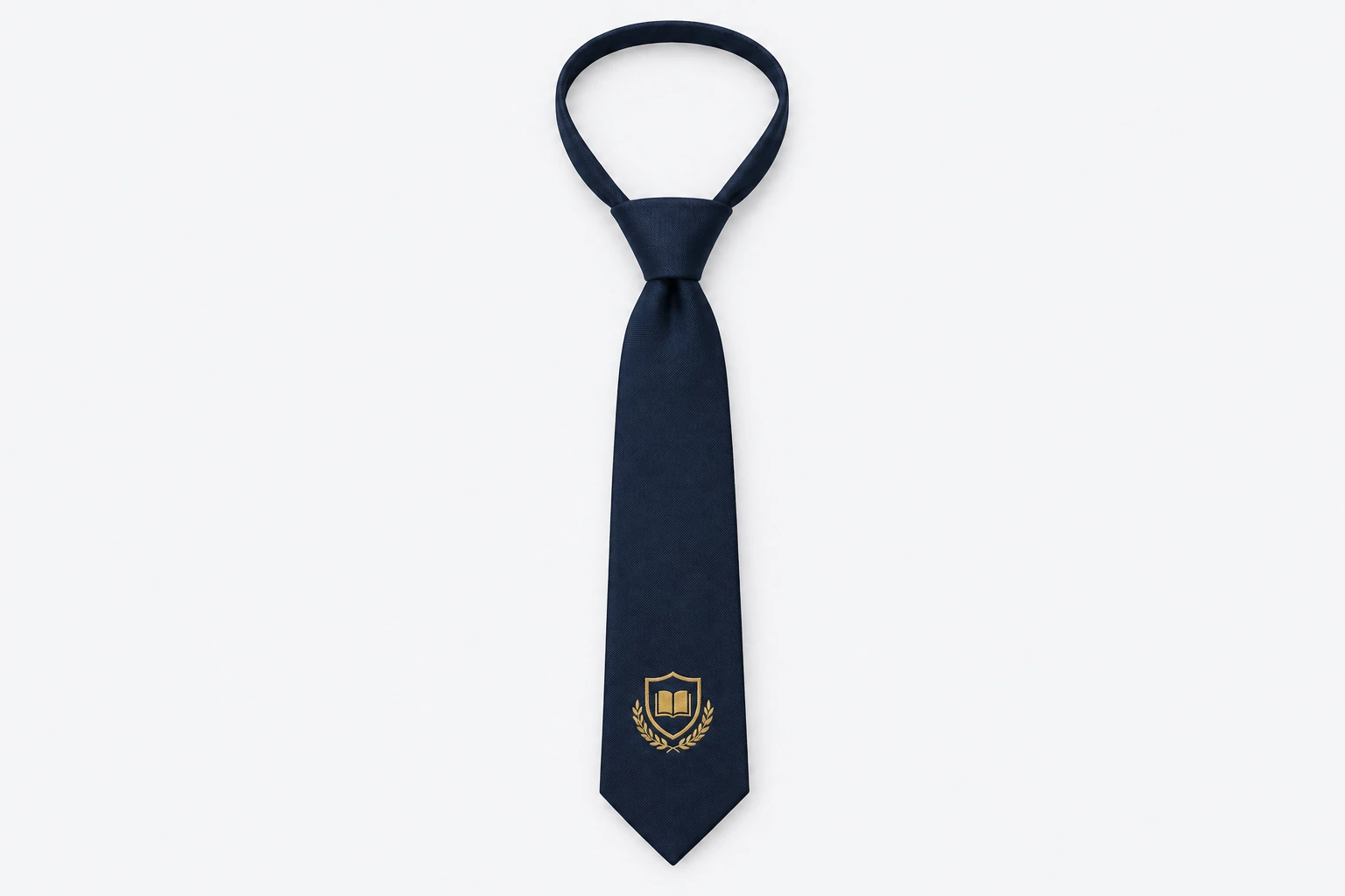 School Ties — solid navy tie with one small original gold open-book-and-shield fictional school crest near lower blade. product. Illustrative catalogue concept.