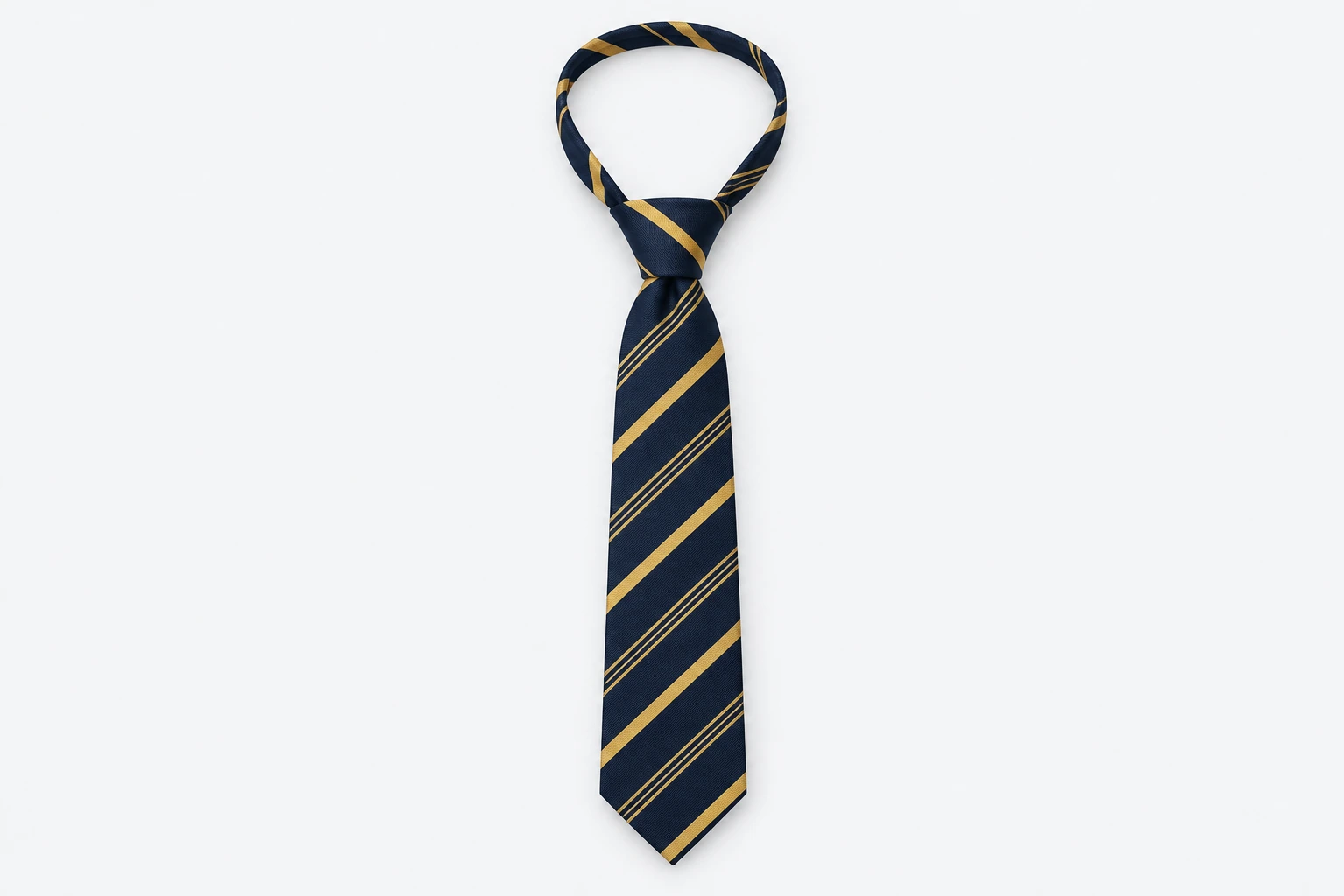 School Ties — navy tie with wide gold diagonal regimental stripes and fine gold pinstripes. product. Illustrative catalogue concept.