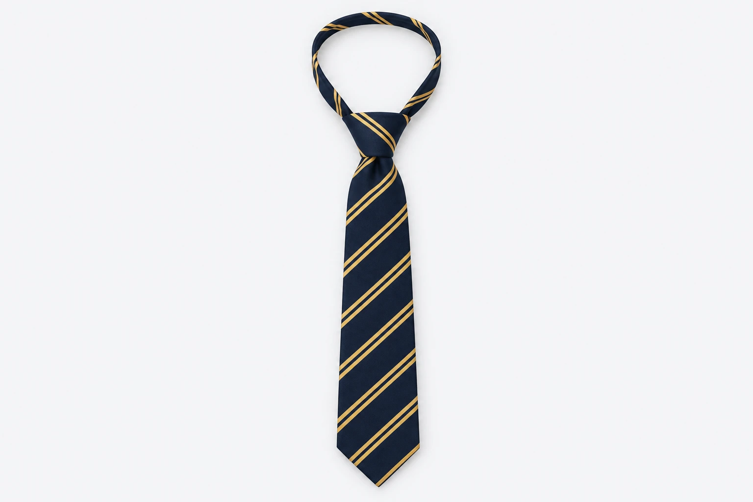 School Ties — navy tie with repeating double gold diagonal pinstripes. product. Illustrative catalogue concept.
