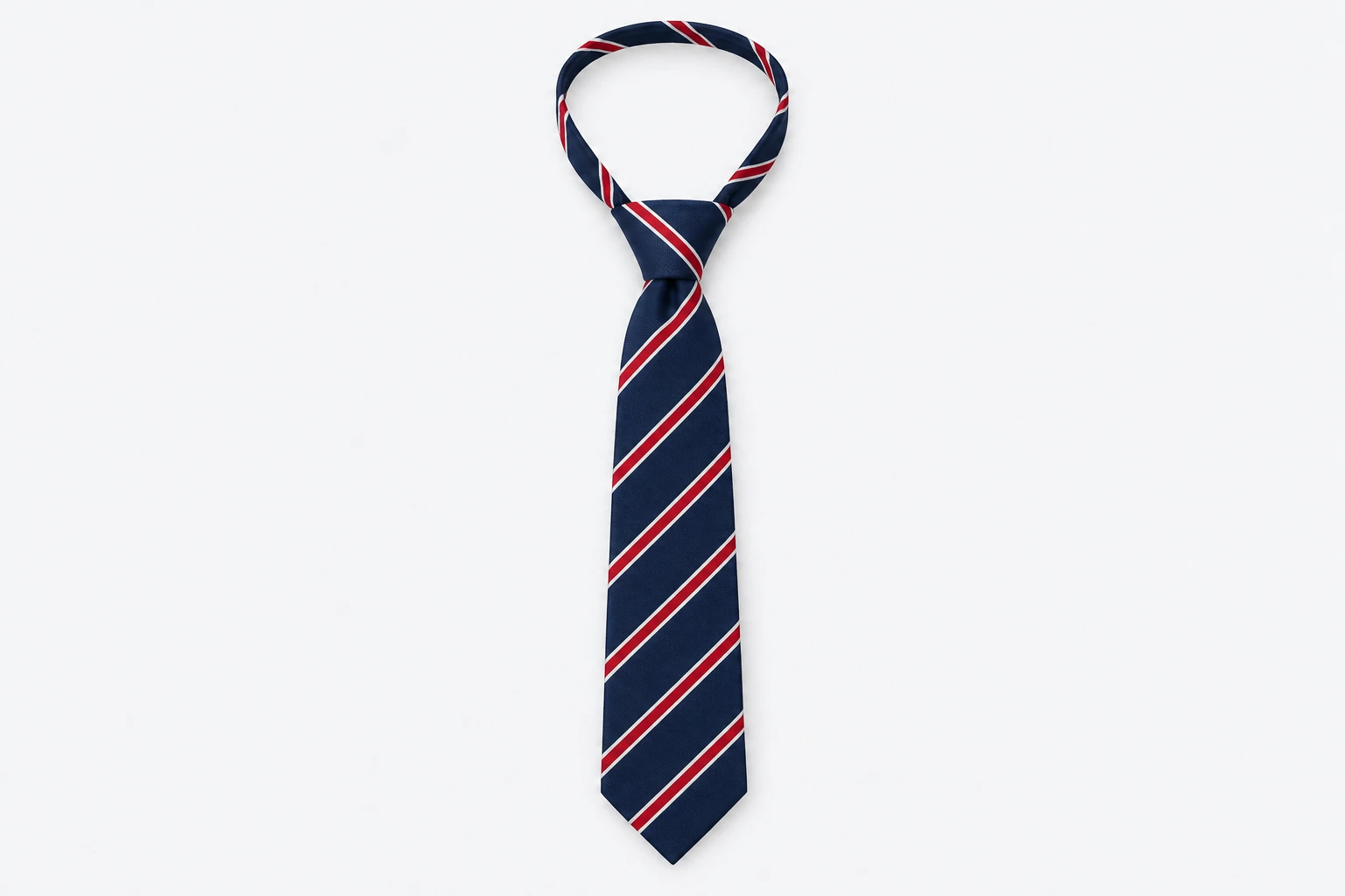 School Ties — navy pre-tied tie with narrow red stripes edged in white. product. Illustrative catalogue concept.