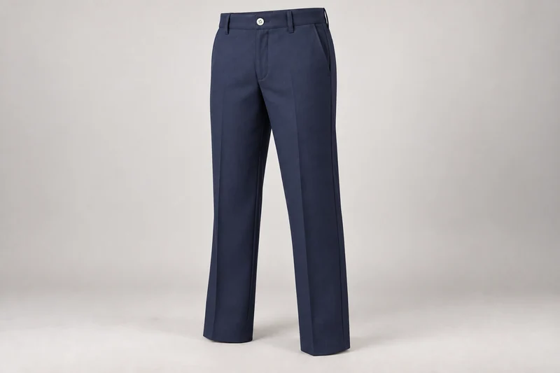 School Trousers — Navy flat-front school trousers. product front. Illustrative catalogue concept.