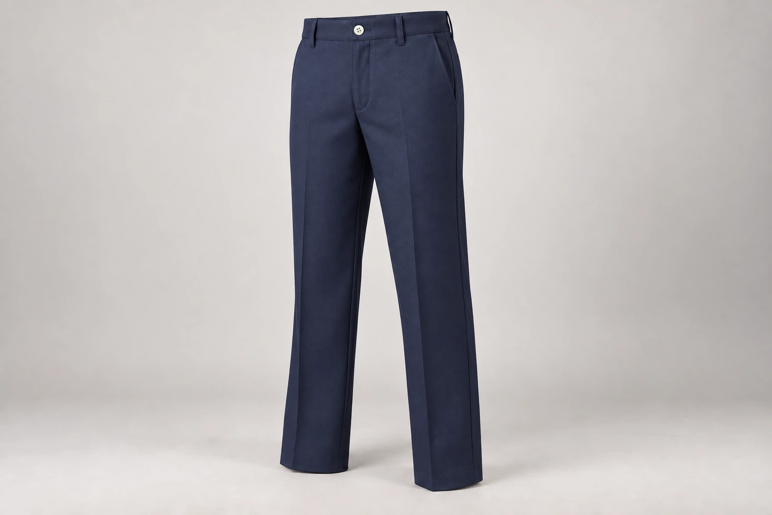 School Trousers — Navy flat-front school trousers. product front. Illustrative catalogue concept.