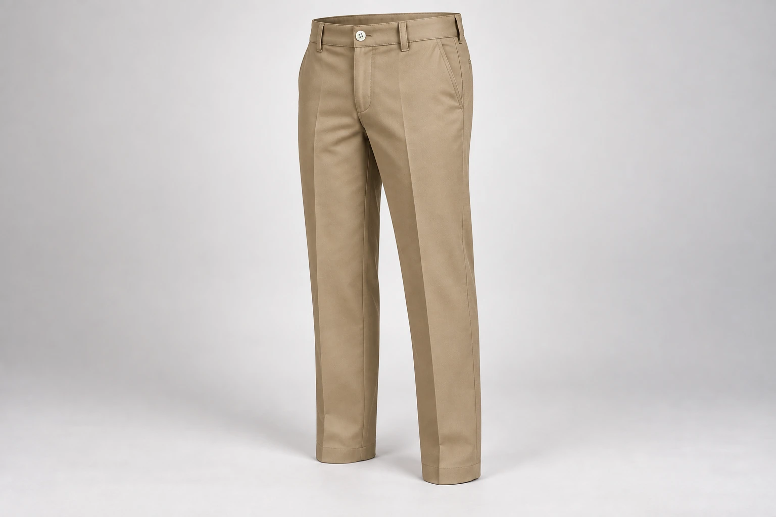 School Trousers — Khaki straight-leg school trousers. product front. Illustrative catalogue concept.