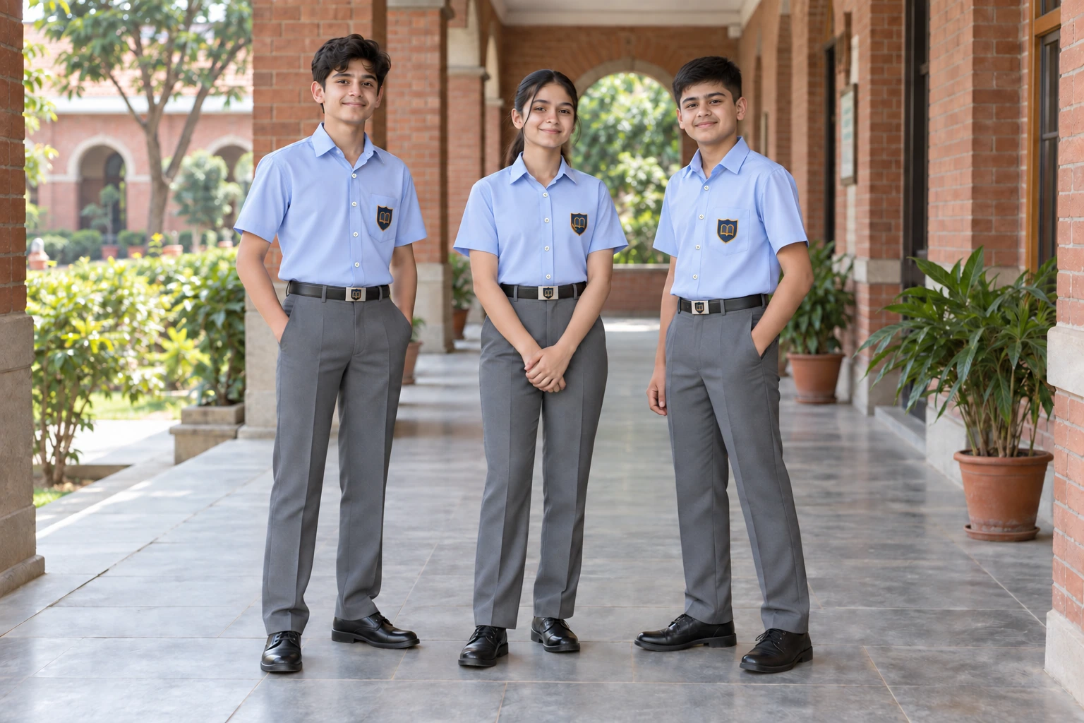 School Trousers — Grey school trousers with powder-blue shirts. campus group. Illustrative catalogue concept.