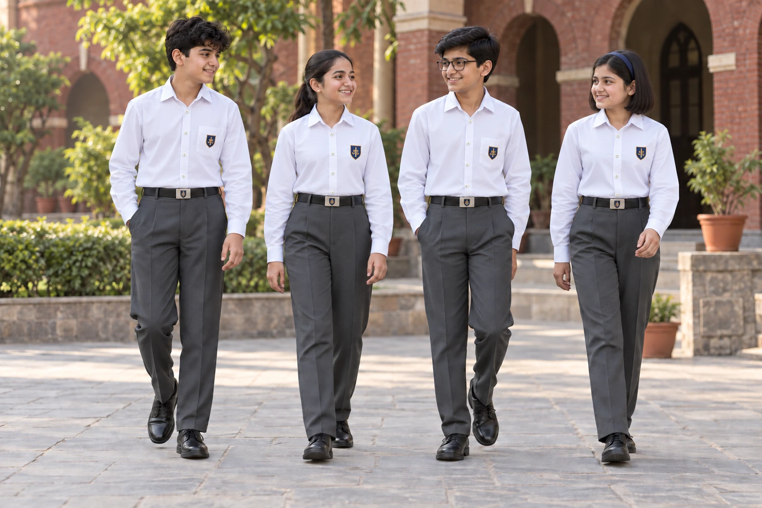 School Trousers — Charcoal pleated school trousers with white shirts. campus group. Illustrative catalogue concept.