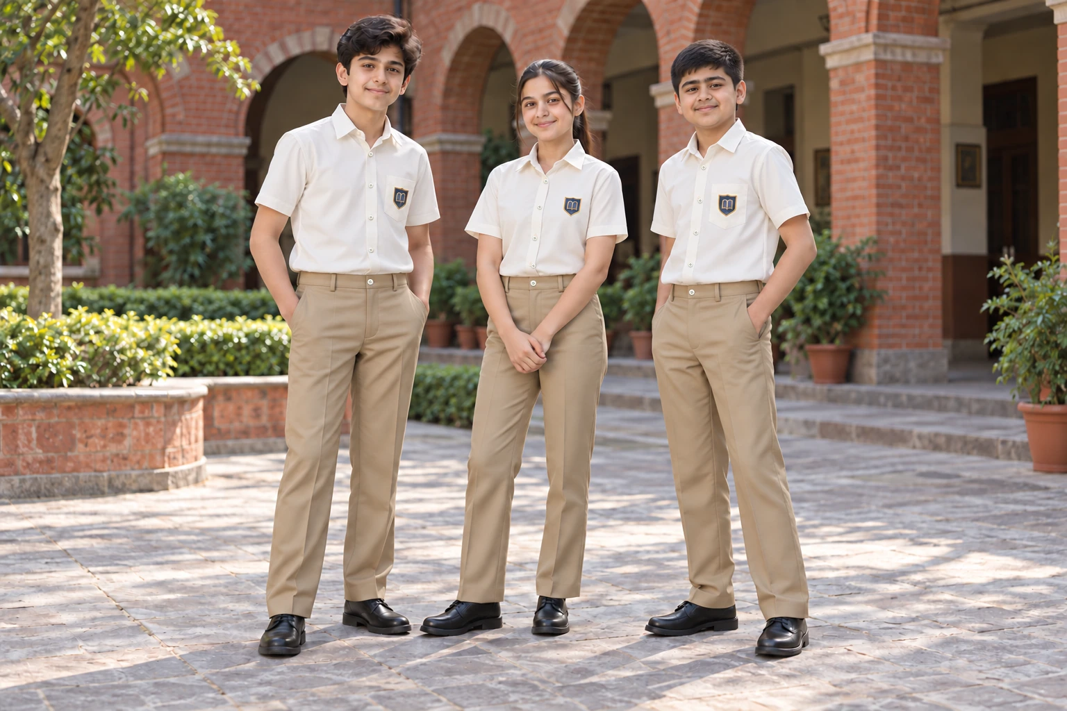 School Trousers — Khaki trousers with cream school shirts. campus group. Illustrative catalogue concept.