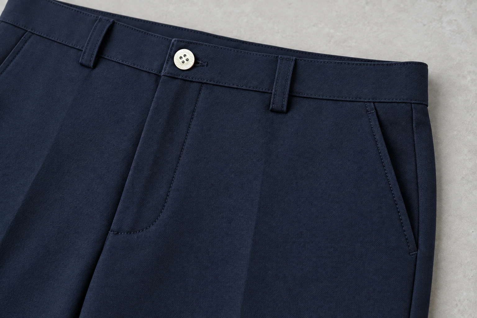 School Trousers — Navy waistband, button, belt loop and slant pocket detail. detail macro. Illustrative catalogue concept.