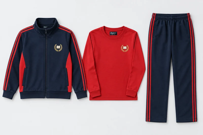 Winter School Tracksuits — Three-Piece Sets — navy stand-collar zip upper with two red sleeve stripes and red side panels; navy straight lowers with two red outer-leg stripes; plain red full-sleeve round-neck T-shirt. Custom house-colour options: red, royal blue, green and yellow.. product. Illustrative catalogue concept.