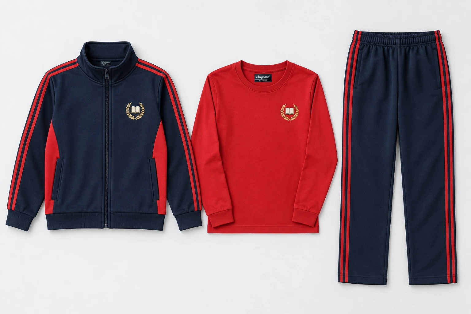 Winter School Tracksuits — Three-Piece Sets — navy stand-collar zip upper with two red sleeve stripes and red side panels; navy straight lowers with two red outer-leg stripes; plain red full-sleeve round-neck T-shirt. Custom house-colour options: red, royal blue, green and yellow.. product. Illustrative catalogue concept.