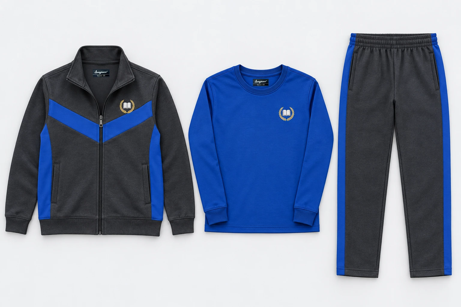 Winter School Tracksuits — Three-Piece Sets — charcoal stand-collar zip upper with royal blue shallow V chest chevron and royal side panels; charcoal straight lowers with royal blue outer-leg panel; royal blue full-sleeve round-neck T-shirt. Custom house-colour options: red, royal blue, green and yellow.. product. Illustrative catalogue concept.