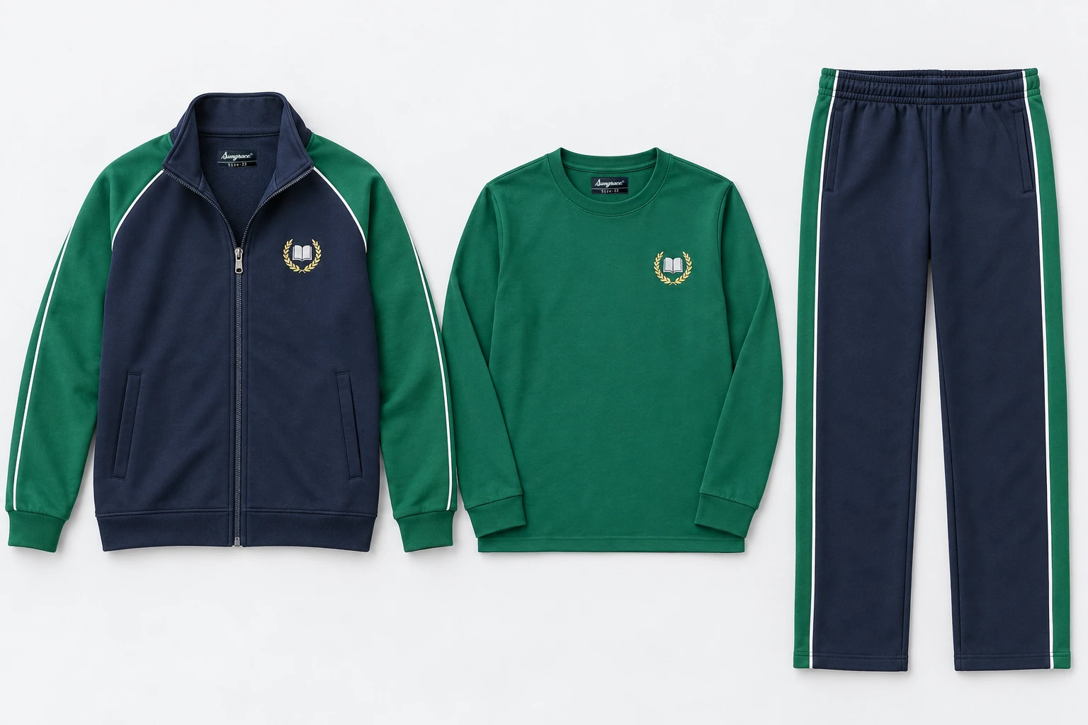 Winter School Tracksuits — Three-Piece Sets — navy zip stand-collar upper with emerald green raglan sleeves and white fine piping; navy straight lowers with emerald green broad outer-leg stripe bordered white; emerald green full-sleeve round-neck T-shirt. Custom house-colour options: red, royal blue, green and yellow.. product. Illustrative catalogue concept.