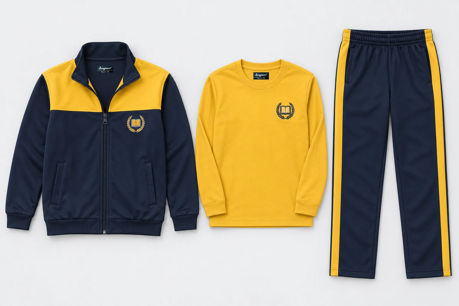 Winter School Tracksuits — Three-Piece Sets — navy stand-collar zip upper with yellow gold upper chest and shoulder yoke; navy lowers with yellow gold outer-leg broad stripes; yellow gold full-sleeve round-neck T-shirt. Custom house-colour options: red, royal blue, green and yellow.. product. Illustrative catalogue concept.