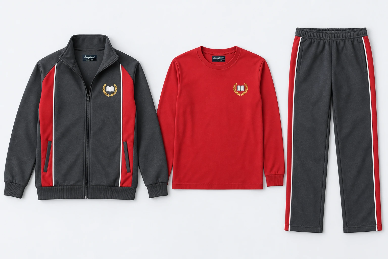 Winter School Tracksuits — Three-Piece Sets — charcoal stand-collar zip upper with narrow red front side panels and thin white border, charcoal sleeves; charcoal lower with matching red side panels and white border; red full-sleeve round-neck T-shirt. Custom house-colour options: red, royal blue, green and yellow.. product. Illustrative catalogue concept.