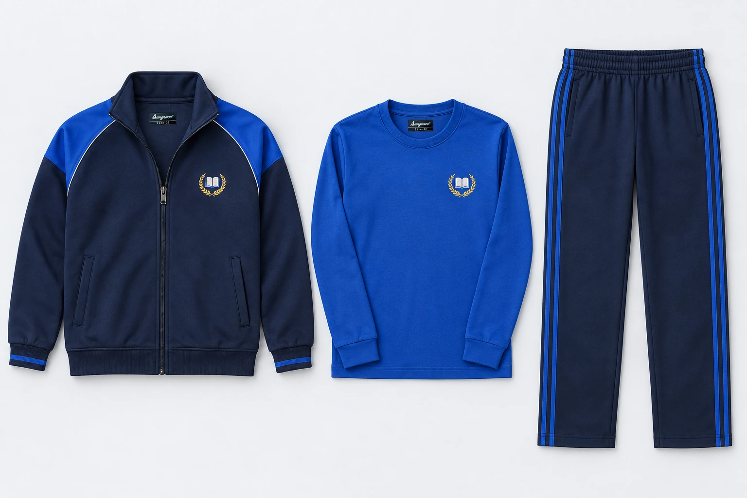 Winter School Tracksuits — Three-Piece Sets — navy stand-collar zip upper with curved royal blue shoulder panels and royal narrow cuff accents; navy lower with royal blue double side-stripes; royal blue full-sleeve round-neck T-shirt. Custom house-colour options: red, royal blue, green and yellow.. product. Illustrative catalogue concept.