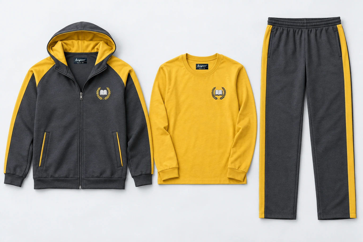 Winter School Tracksuits — Three-Piece Sets — charcoal hooded zip upper with yellow gold raglan shoulder panels and yellow hood lining; charcoal straight lowers with yellow gold outer-leg panel; yellow gold full-sleeve round-neck T-shirt. Custom house-colour options: red, royal blue, green and yellow.. product. Illustrative catalogue concept.