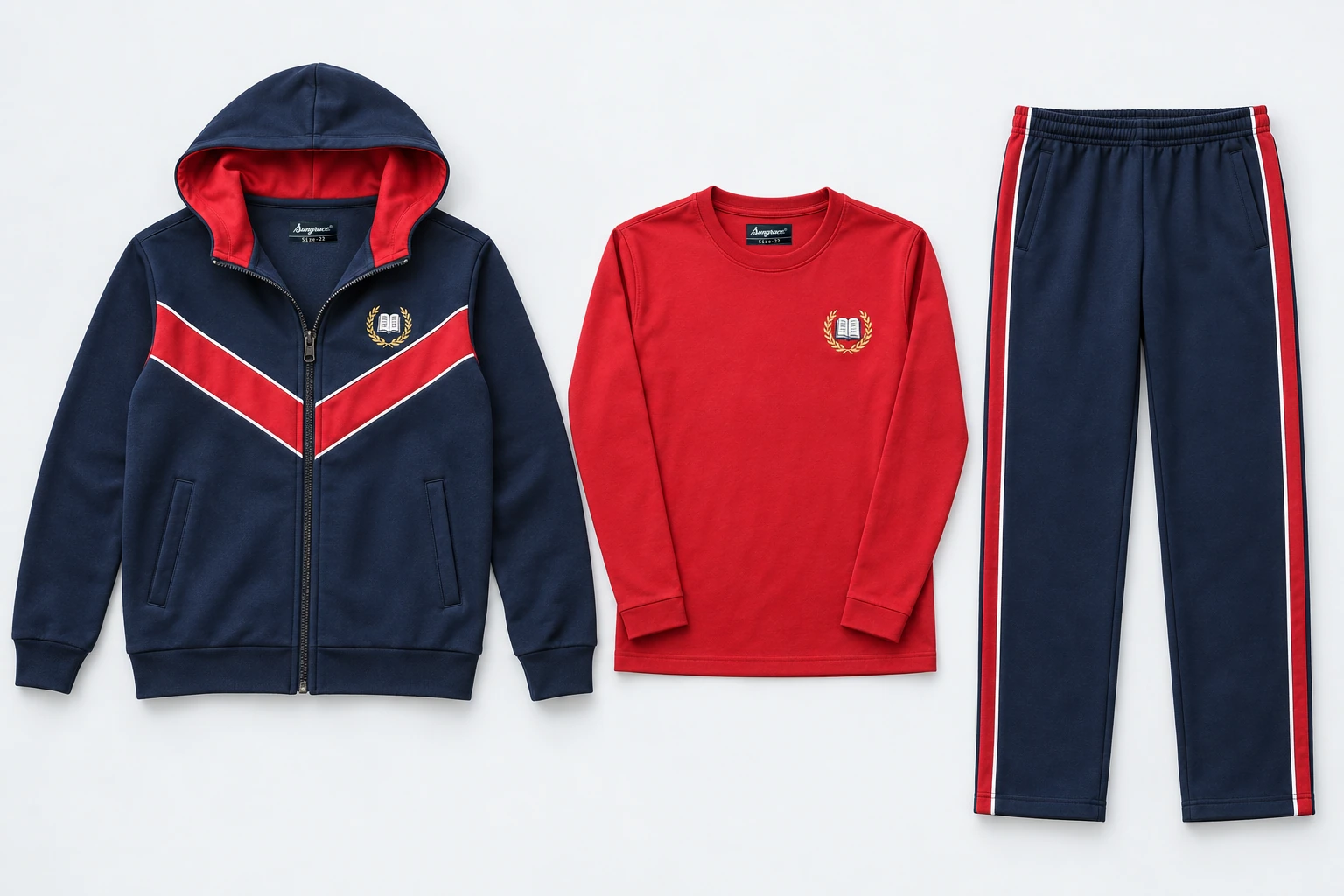 Winter School Tracksuits — Three-Piece Sets — navy hooded zip upper with red shallow V chest chevron bordered with white piping and red hood lining; navy lowers with red outer-leg stripes bordered white; red full-sleeve round-neck T-shirt. Custom house-colour options: red, royal blue, green and yellow.. product. Illustrative catalogue concept.