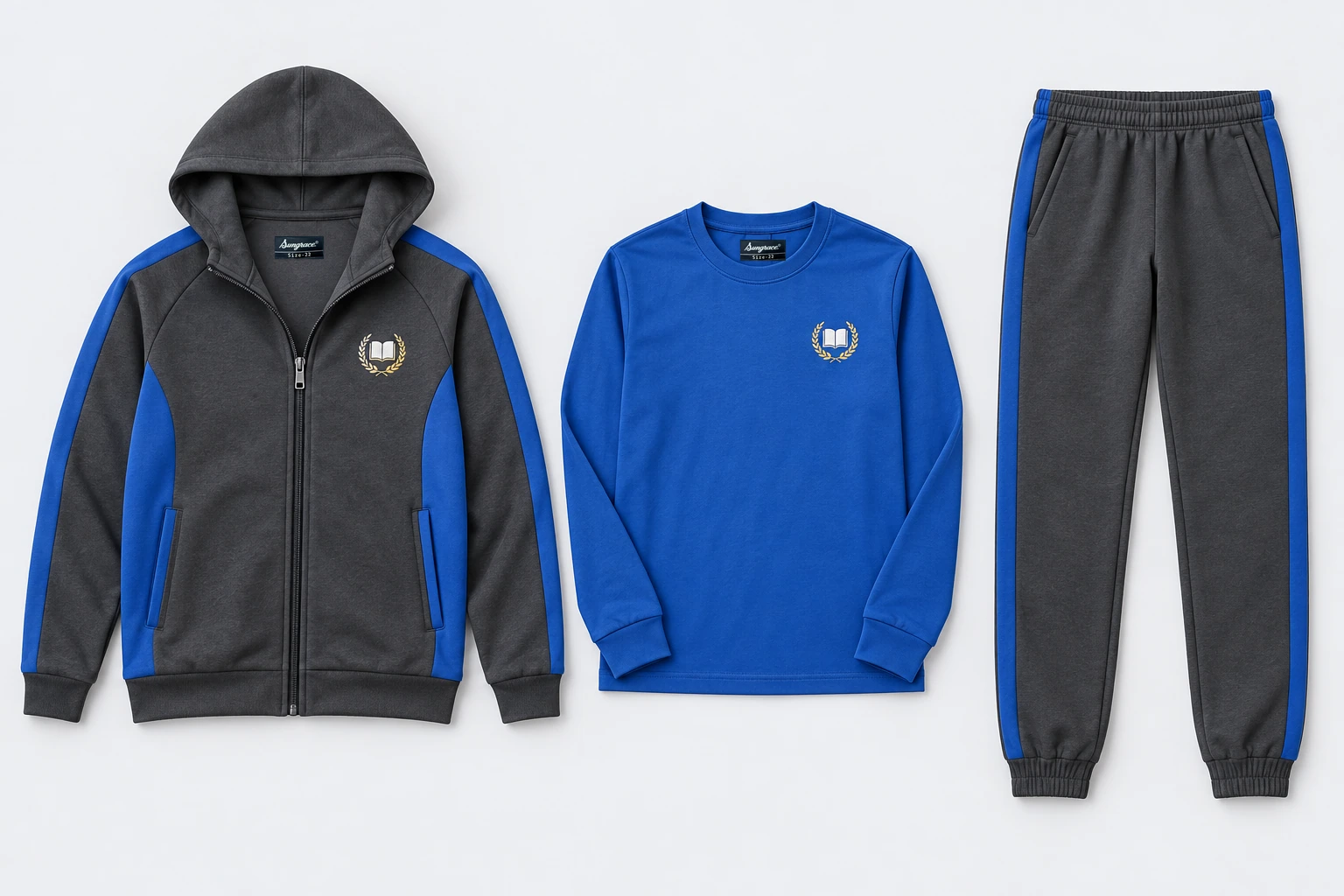 Winter School Tracksuits — Three-Piece Sets — charcoal hooded zip upper with royal blue side panels and sleeve centre stripes, hood laid flat; charcoal cuffed lowers with royal blue outer-leg panel; royal blue full-sleeve round-neck T-shirt. Custom house-colour options: red, royal blue, green and yellow.. product. Illustrative catalogue concept.