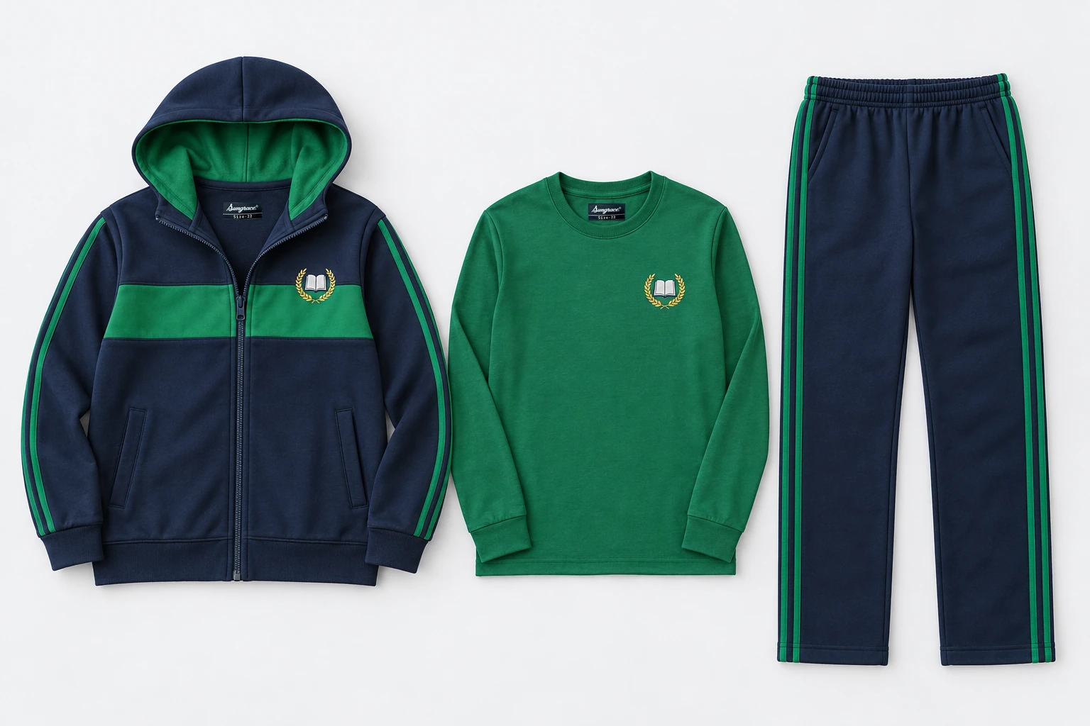 Winter School Tracksuits — Three-Piece Sets — navy hooded zip upper with emerald green horizontal chest band and narrow sleeve stripes, hood green-lined; navy straight lowers with emerald green twin outer-leg stripes; emerald green full-sleeve round-neck T-shirt. Custom house-colour options: red, royal blue, green and yellow.. product. Illustrative catalogue concept.