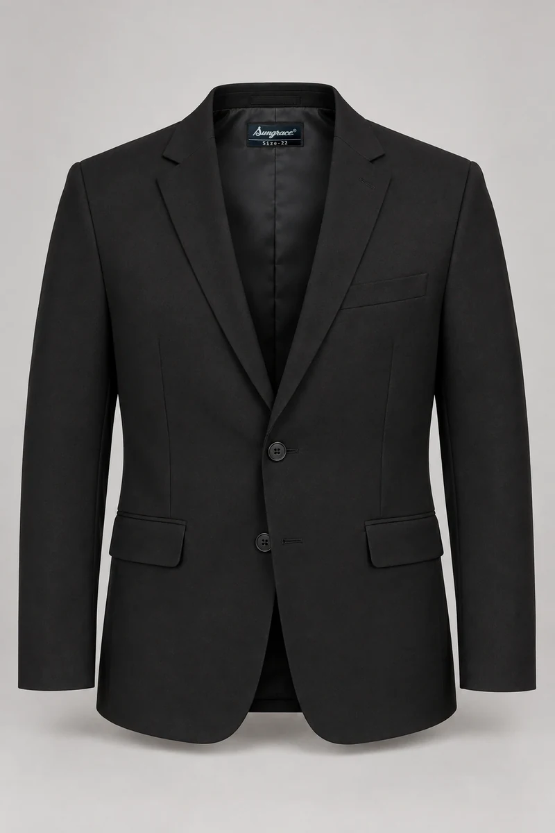 Sungrace service jackets design 1: Men’s Black Reception, showing the genuine Sungrace woven label