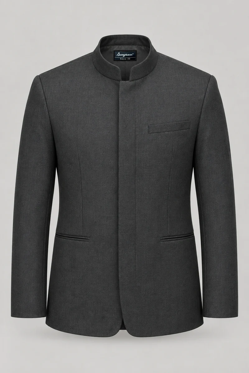 Sungrace service jackets design 3: Men’s Charcoal Nehru, showing the genuine Sungrace woven label