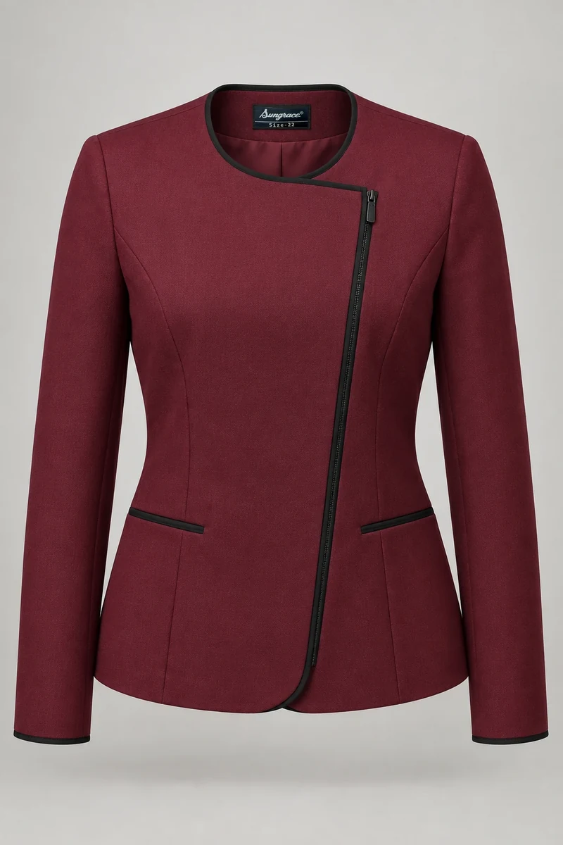 Sungrace service jackets design 4: Women’s Burgundy Zip, showing the genuine Sungrace woven label